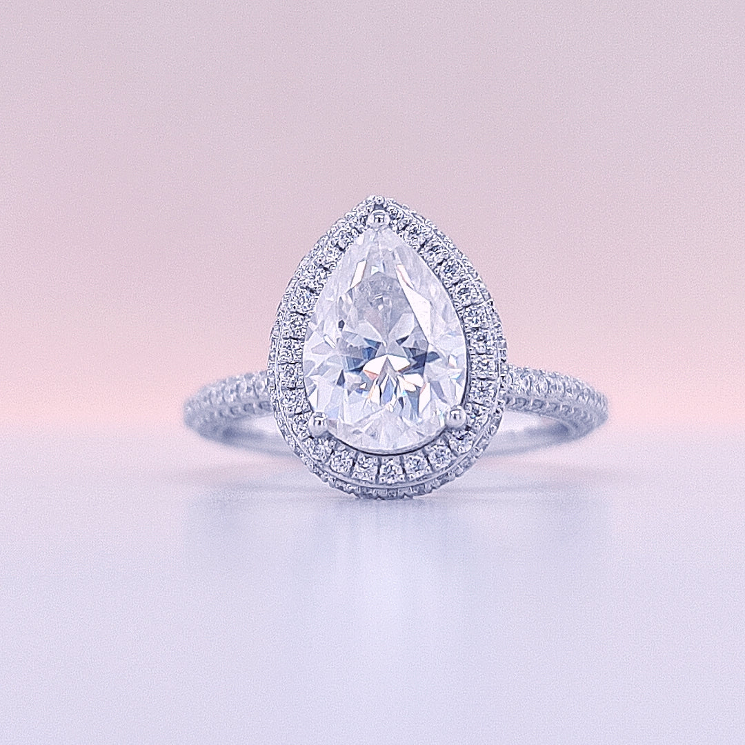 2 carat Pear Cut Moissanite Halo Ring 3D pave Ring