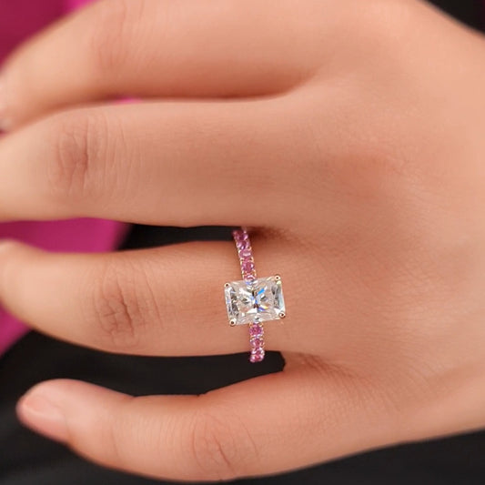 5.2ct Radiant Cut Crushed Ice Moissanite Pink Sapphire Engagement Ring