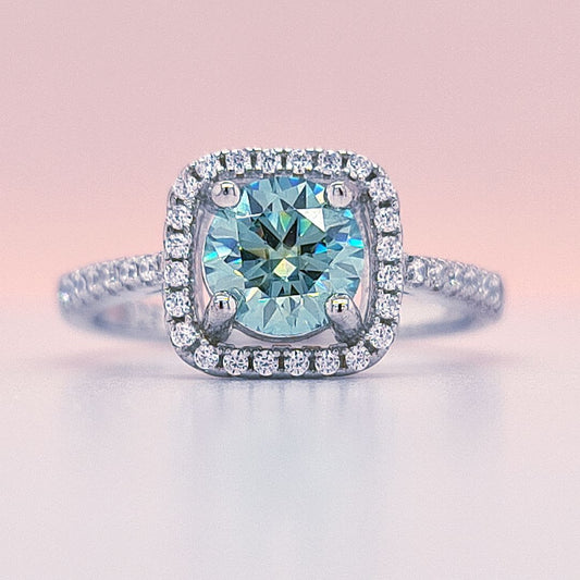 1 Carat Green Round Moissanite Square Halo Ring