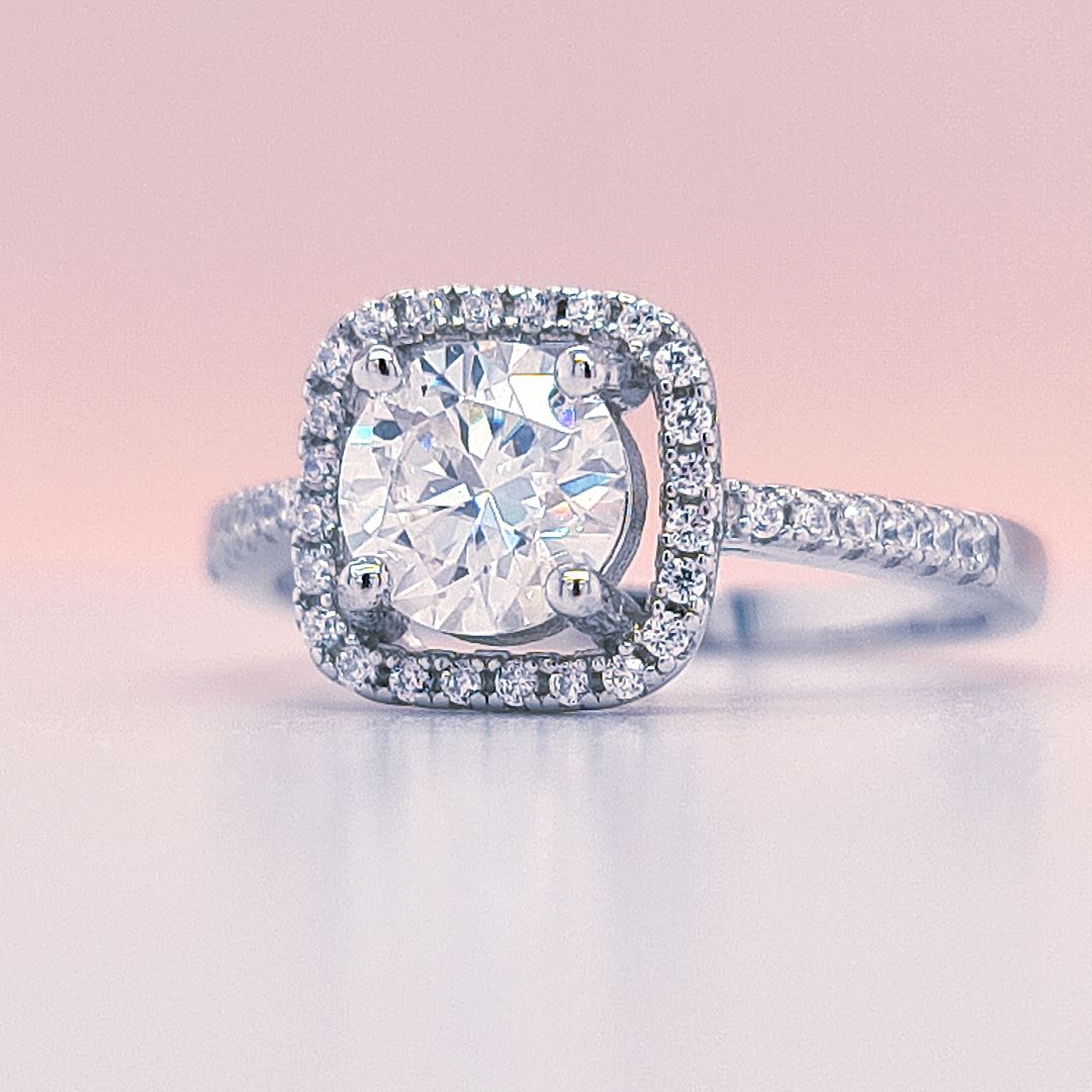 1 Carat Round Moissanite Square Halo Ring
