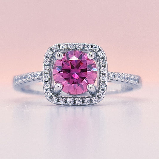 1 Carat Pink Round Moissanite Square Halo Ring