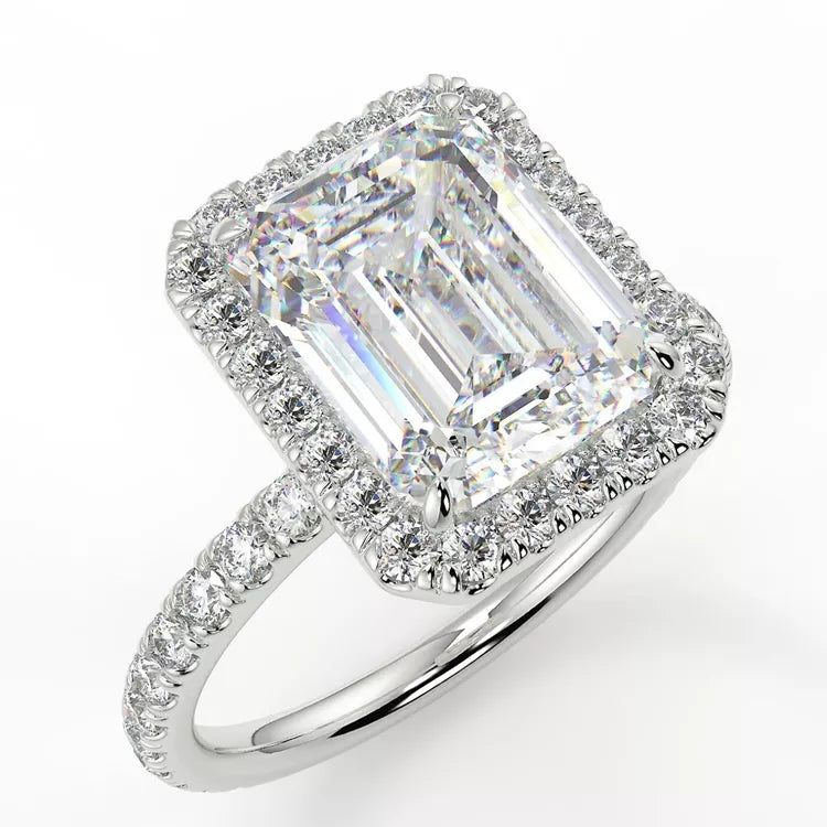2.4 Carat Emerald Cut Moissanite Solitaire Halo Ring
