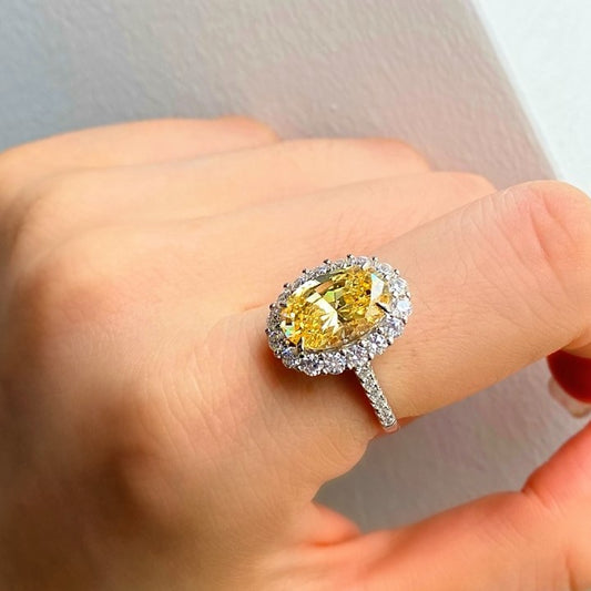 3 Carat Oval Cut Crushed Ice Yellow Moissanite Ring with Halo