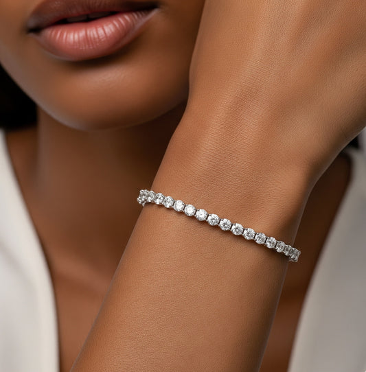 Add timeless sparkle with our 3mm Moissanite Tennis Bracelet for women. D colour VVS moissanites in silver or white gold – elegant, brilliant, and made to last.