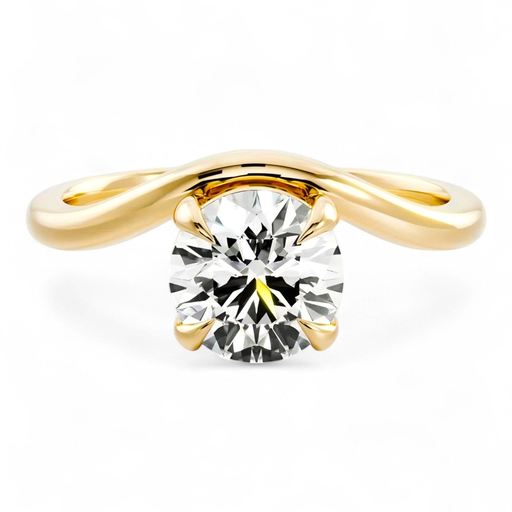 2 carat round moissanite engagement ring in yellow gold. Bold curved setting, brilliant sparkle. Ethical moissanite jewellery Australia.