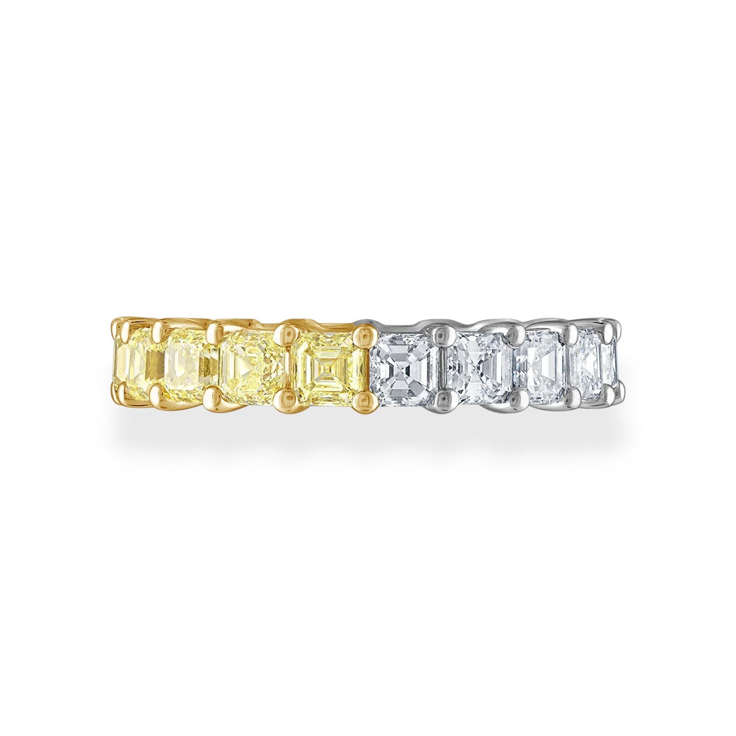 Two diamond eternity bands, one yellow gold and one white gold, on a white background. 2 in 1 Yellow and White Asscher Moissanite Eternity Band