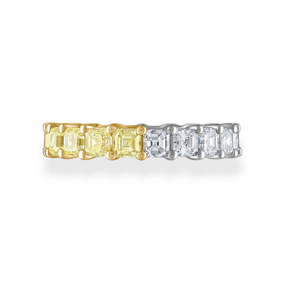 Two diamond eternity bands, one yellow gold and one white gold, on a white background. 2 in 1 Yellow and White Asscher Moissanite Eternity Band