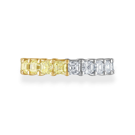 Two diamond eternity bands, one yellow gold and one white gold, on a white background. 2 in 1 Yellow and White Asscher Moissanite Eternity Band
