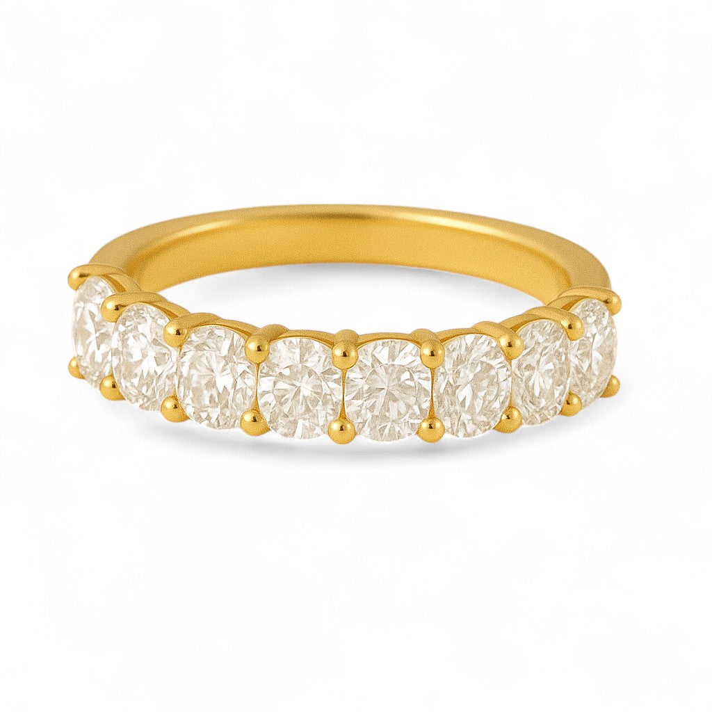 3/4 round cut moissanite eternity band in yellow gold – premium prong set moissanite ring (VVS+, DEF) for ethical engagement and bridal jewellery Australia.