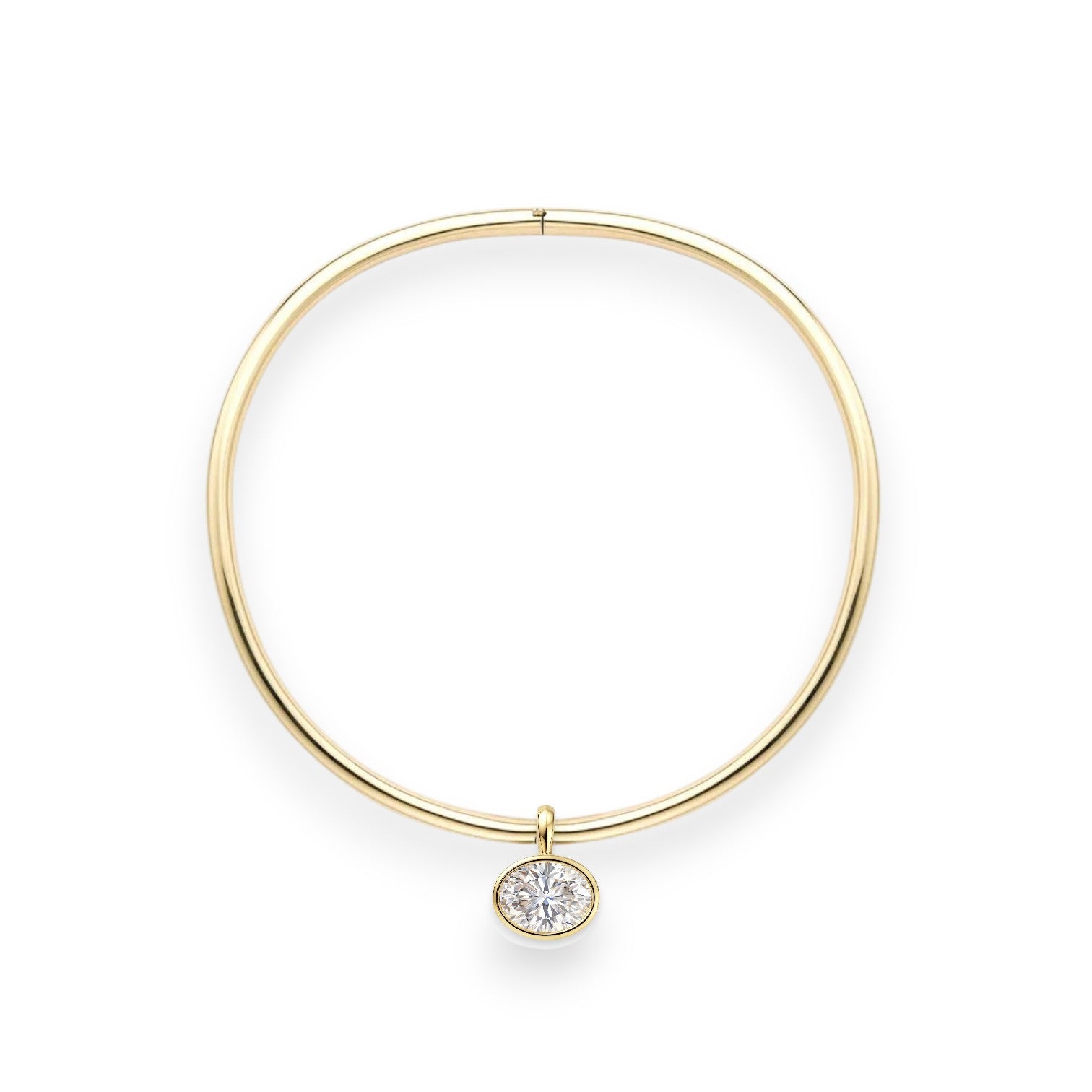 Gold bracelet with a diamond on a white background. 6.5ct oval moissanite torque necklace in bezel setting on solid 14k yellow gold choker – Gems of Elah