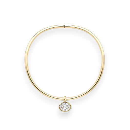 Gold bracelet with a diamond on a white background. 6.5ct oval moissanite torque necklace in bezel setting on solid 14k yellow gold choker – Gems of Elah