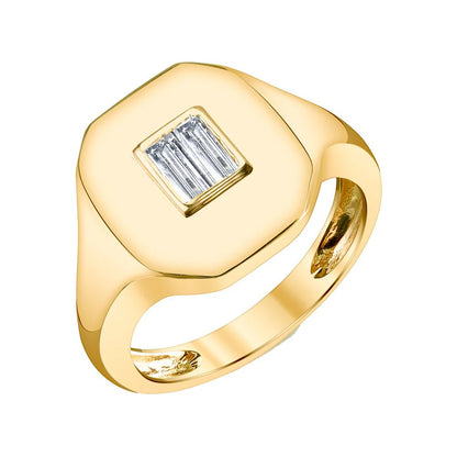 Gold ring with a rectangular gemstone on a white background. 14k yellow gold pinky ring with vertical baguette moissanites – Gems of Elah