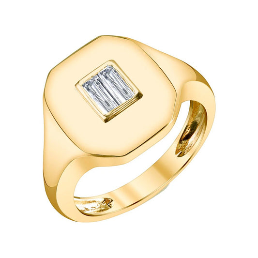 Gold ring with a rectangular gemstone on a white background. 14k yellow gold pinky ring with vertical baguette moissanites – Gems of Elah