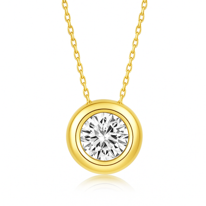 Gold bezel set 1 carat moissanite pendant necklace featuring a round brilliant-cut stone on a delicate gold-plated cable chain, displayed against a white background