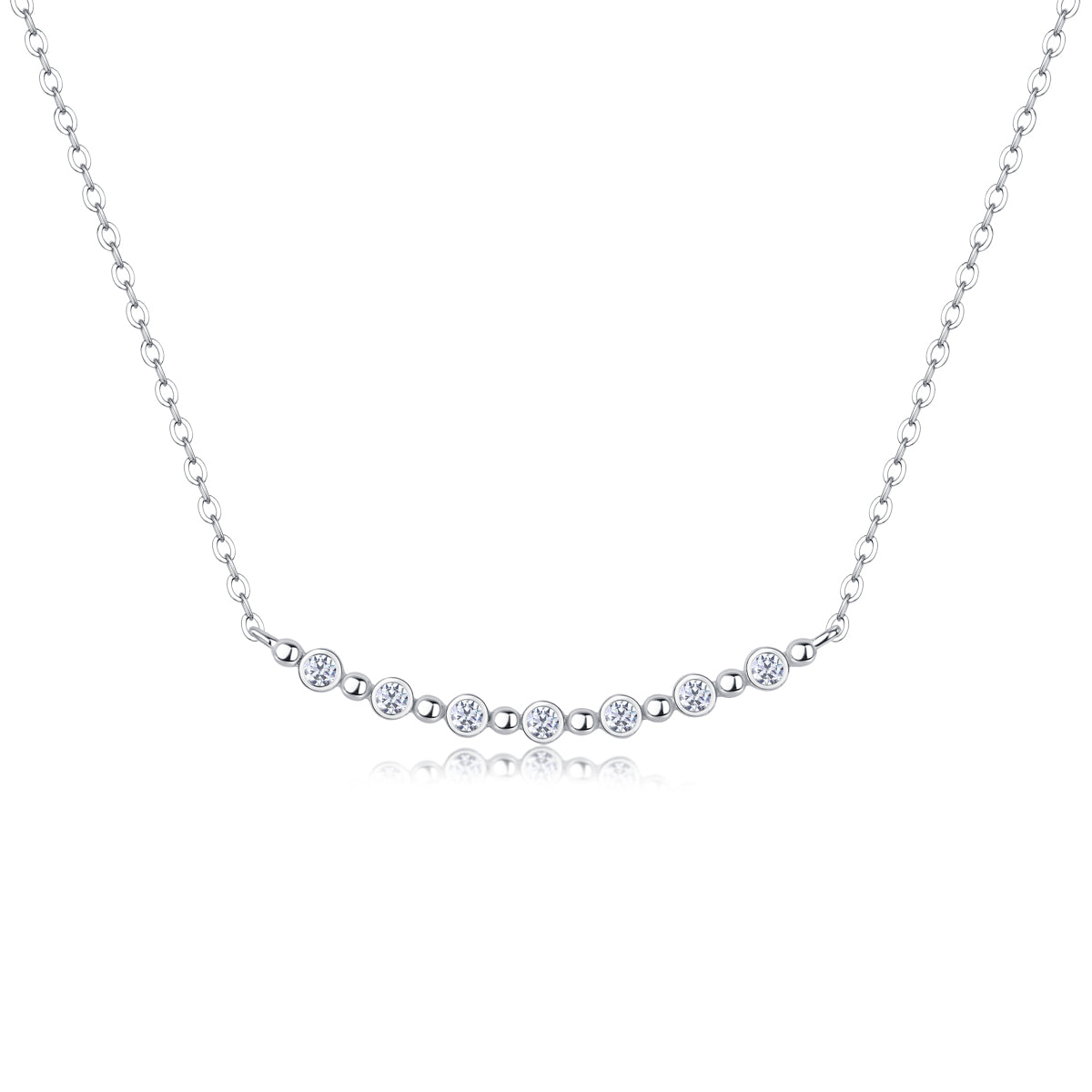 Silver necklace with small round diamonds on a white background