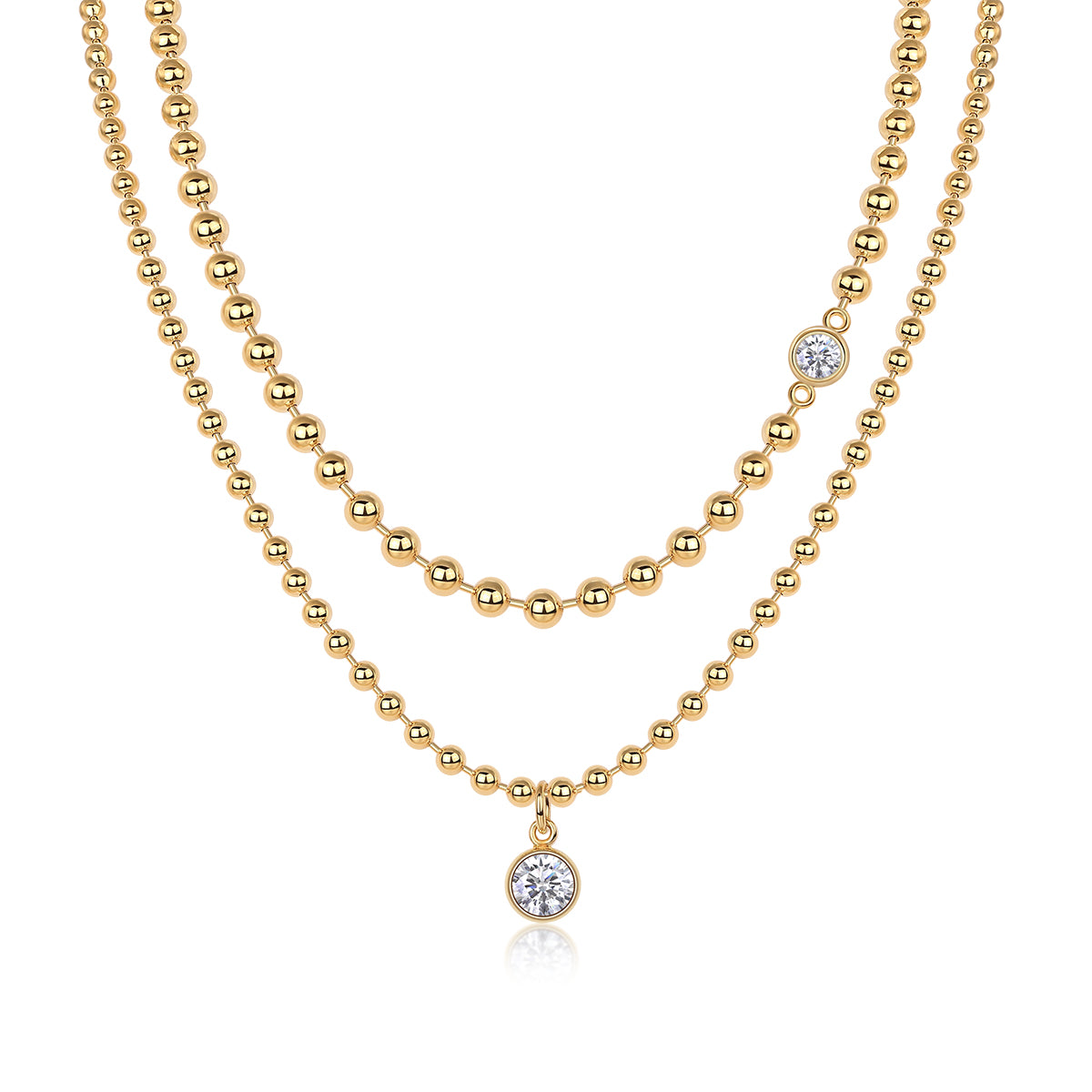 Layered gold beaded necklace with bezel moissanite stones. Ethical moissanite jewellery Sydney. Diamond-inspired layered necklaces Australia