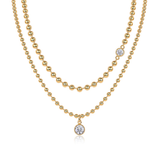 Layered gold beaded necklace with bezel moissanite stones. Ethical moissanite jewellery Sydney. Diamond-inspired layered necklaces Australia