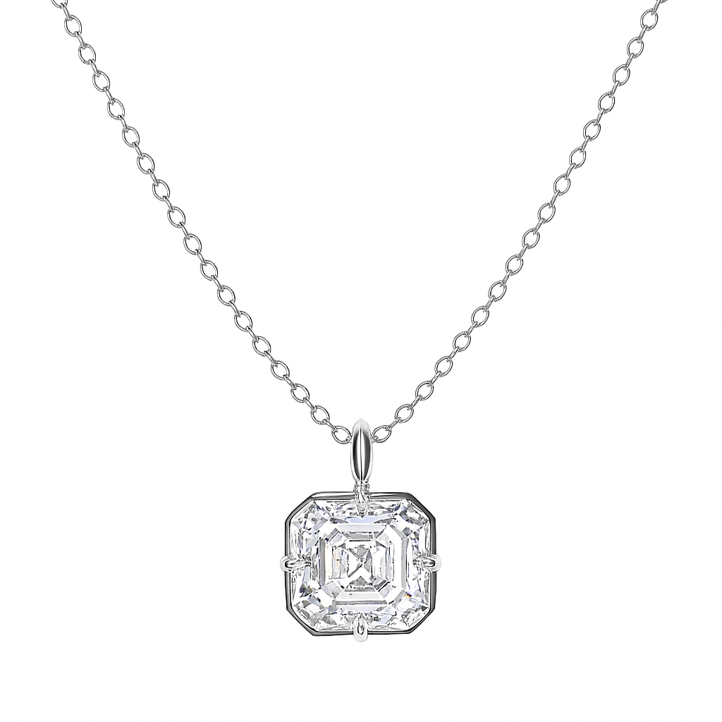 Diamond necklace with a square pendant on a white background. 5ct Asscher cut moissanite pendant in white gold. Premium brilliance, detachable bail. Sydney’s finest ethical jewellery.