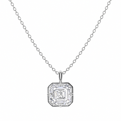 Diamond necklace with a square pendant on a white background. 5ct Asscher cut moissanite pendant in white gold. Premium brilliance, detachable bail. Sydney’s finest ethical jewellery.