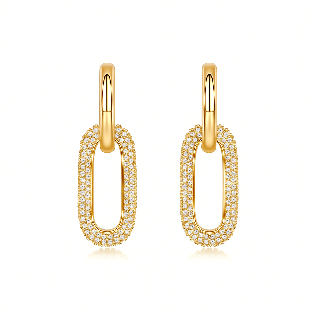 Gold Moissanite Link Earrings with Pavé Detailing