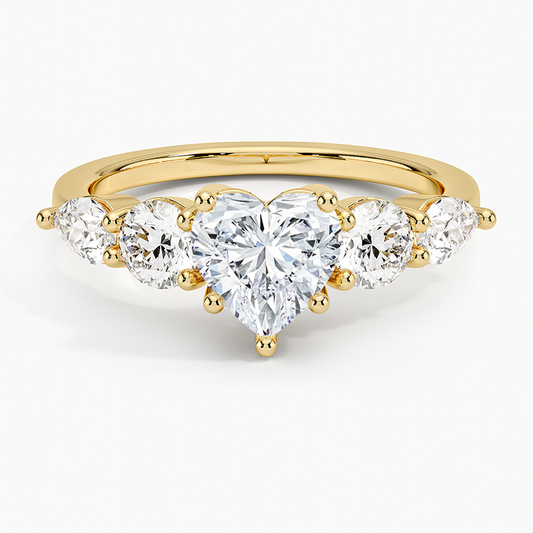 Gold ring with five heart-shaped diamonds on a white background. Heart Five Stone Moissanite Ring