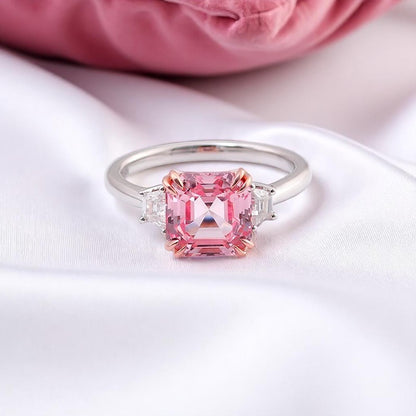 4 Carat tw Asscher Cut Pink Moissanite Trilogy Ring