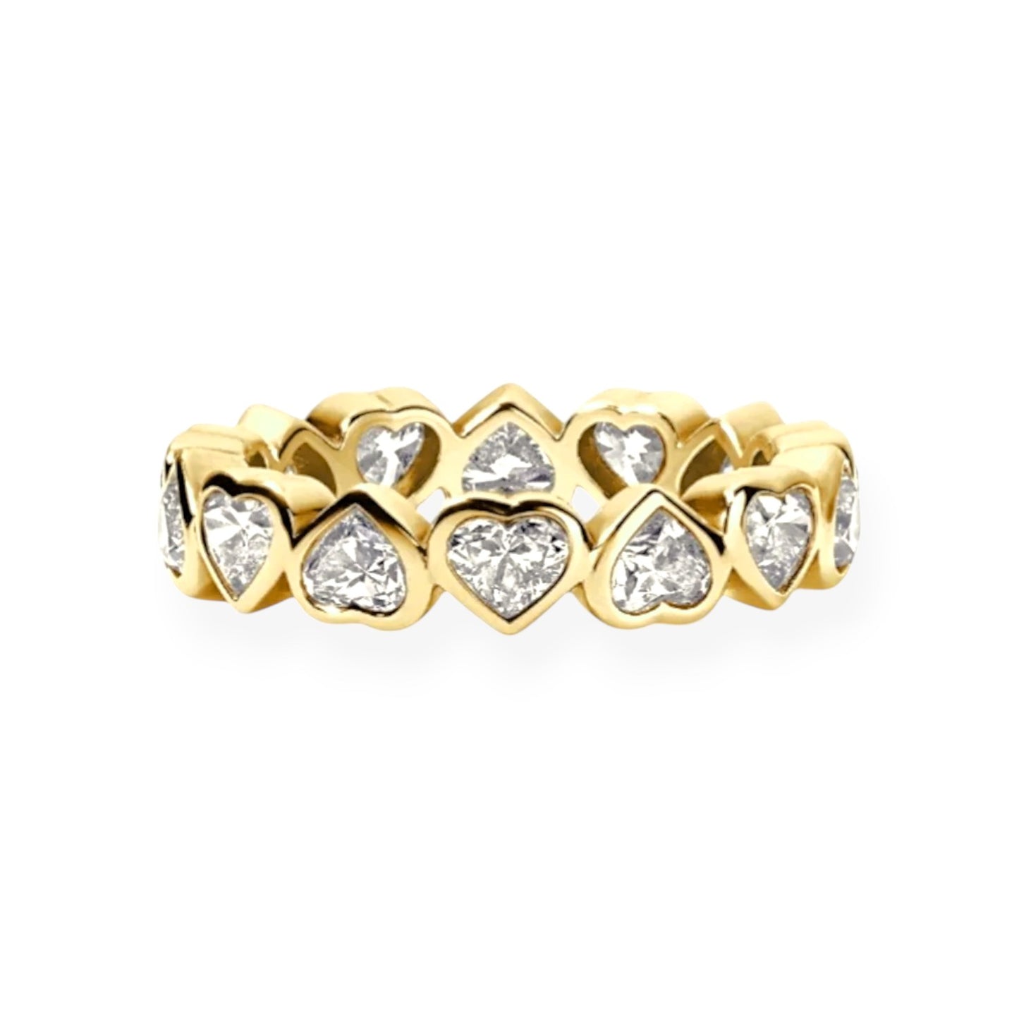 Gold ring with heart-shaped diamond stones on a white background.