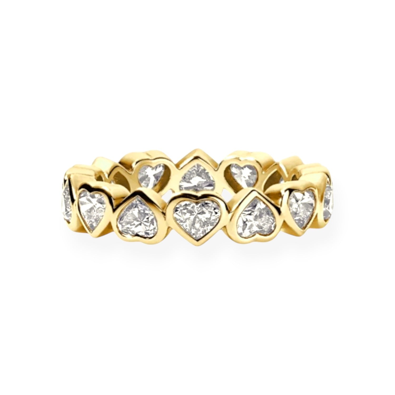 Gold ring with heart-shaped diamond stones on a white background.