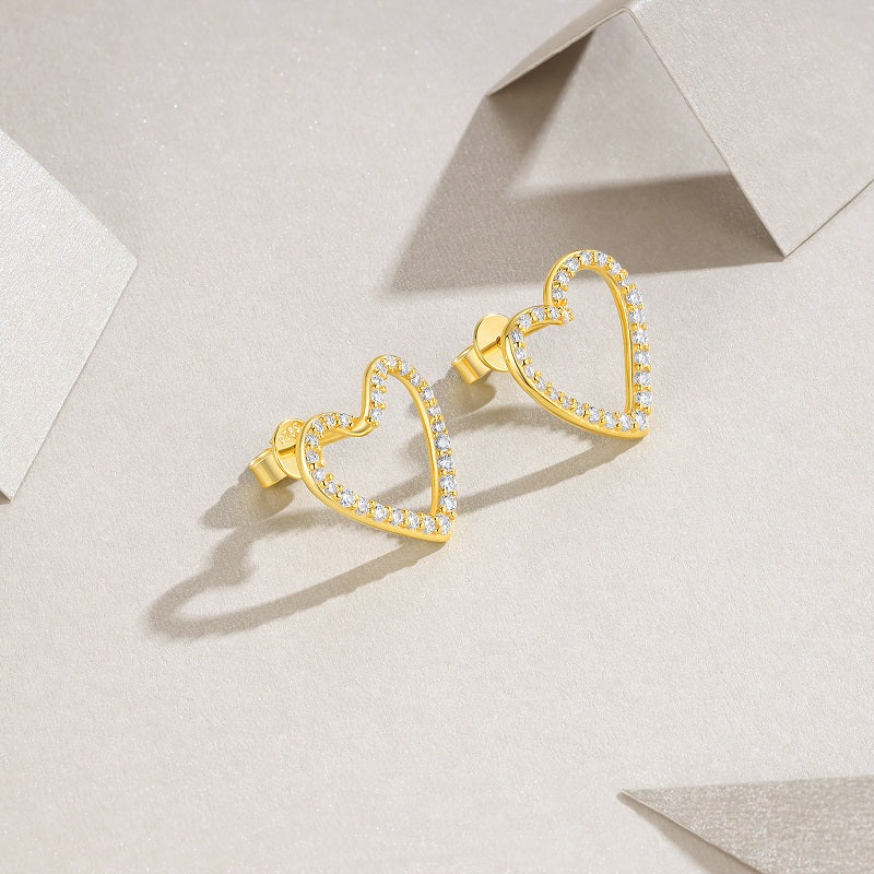 Heart-shaped gold moissanite stud earrings with pavé stones, romantic ethical jewellery made from gold-plated silver in Australia