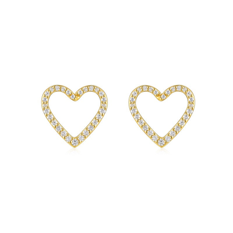 Heart-shaped gold moissanite stud earrings with pavé stones, romantic ethical jewellery made from gold-plated silver in Australia