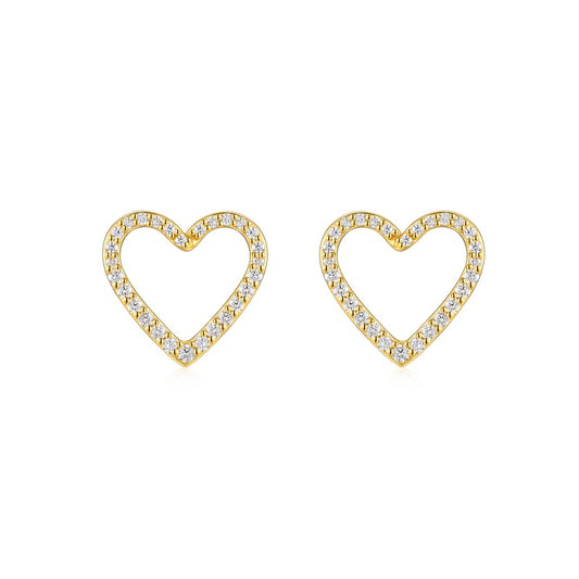 Heart-shaped gold moissanite stud earrings with pavé stones, romantic ethical jewellery made from gold-plated silver in Australia