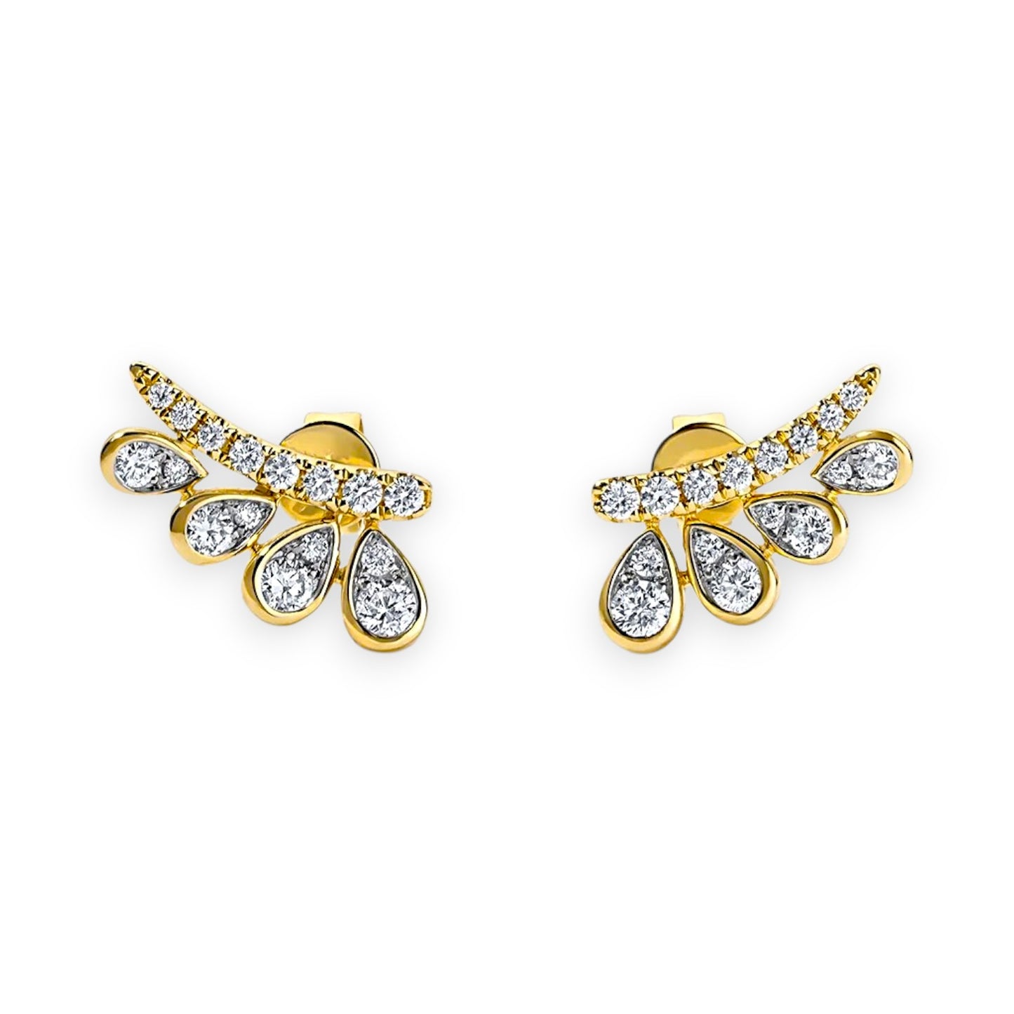 Gold earrings with diamond-like stones on a white background