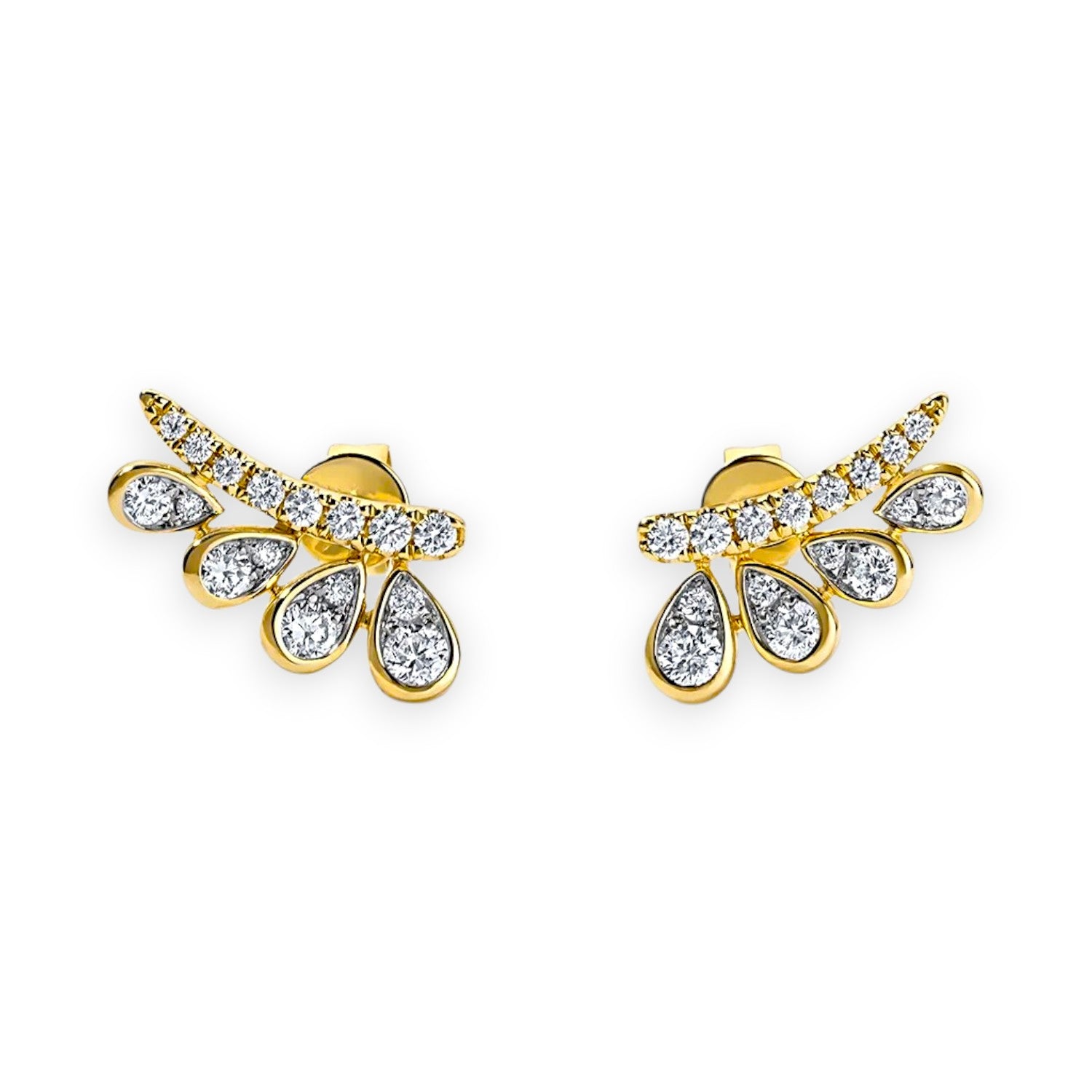 Gold earrings with diamond-like stones on a white background