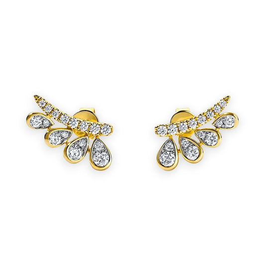 Gold earrings with diamond-like stones on a white background