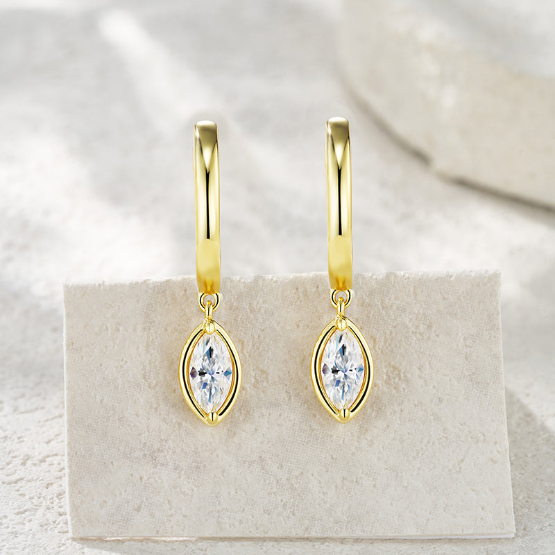 Gold-plated sterling silver huggie earrings with marquise-cut moissanite drops, ethical alternative to diamond jewellery in Australia