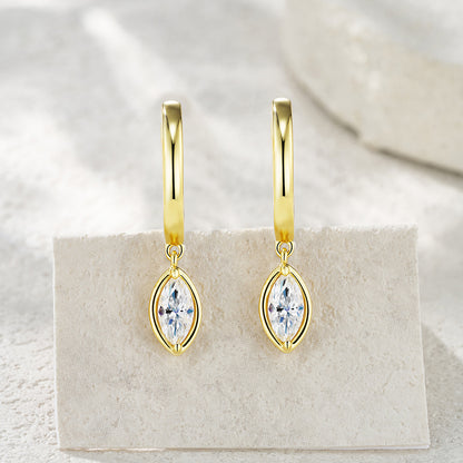 Gold-plated sterling silver huggie earrings with marquise-cut moissanite drops, ethical alternative to diamond jewellery in Australia