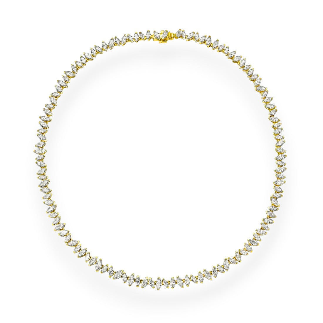 Gold necklace with clear stones on a white background. Marquise Cut Moissanite Tennis Necklace in 18K Yellow Gold
