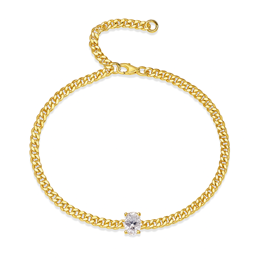 Rhodium-plated sterling silver moissanite bracelet with oval stone and curb chain. Ethical moissanite jewellery Australia, diamond alternative bracelet