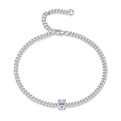 Oval Moissanite Silver Curb Chain Bracelet