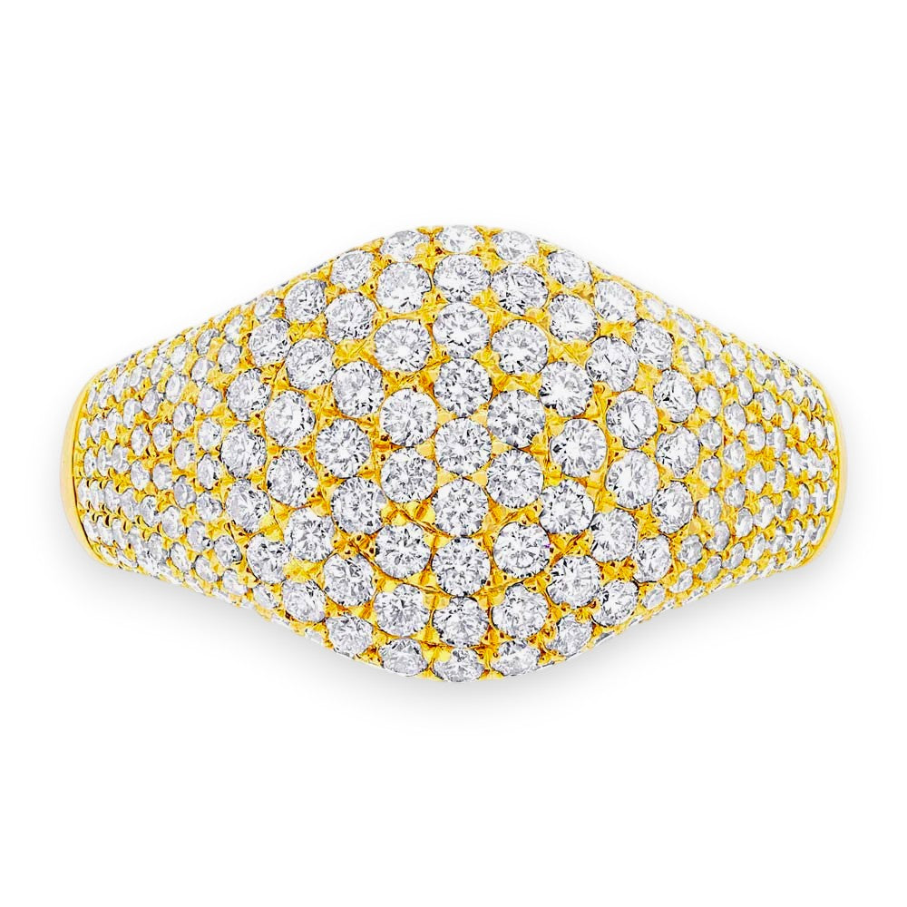 Gold ring with a dense cluster of diamonds on a white background. Pavé moissanite dome signet ring in yellow gold with 1.30ct of sparkle – Gems of Elah