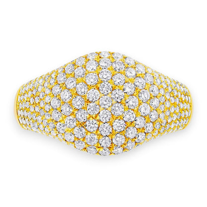 Gold ring with a dense cluster of diamonds on a white background. Pavé moissanite dome signet ring in yellow gold with 1.30ct of sparkle – Gems of Elah