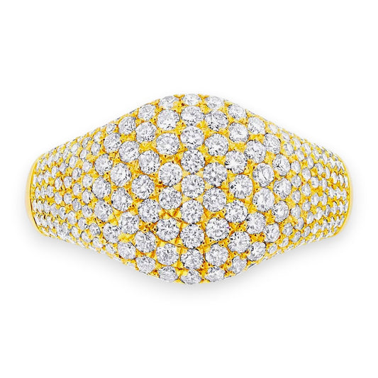 Gold ring with a dense cluster of diamonds on a white background. Pavé moissanite dome signet ring in yellow gold with 1.30ct of sparkle – Gems of Elah