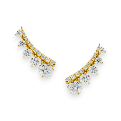 Gold and diamond earrings on a white background. 20mm pavé moissanite ear climbers in solid yellow gold with graduated stones – Gems of Elah
