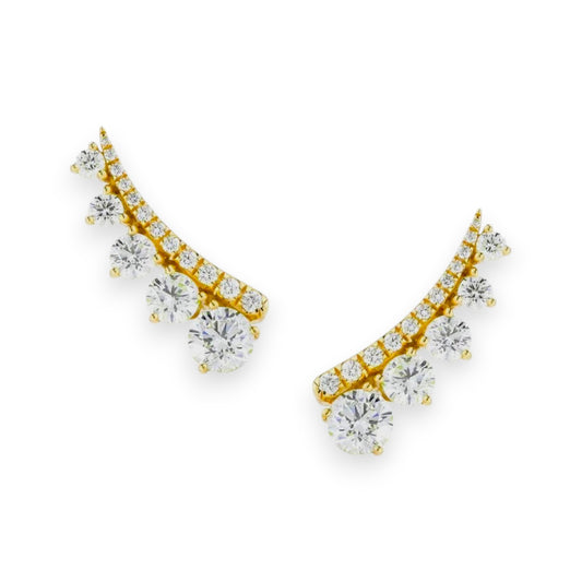 Gold and diamond earrings on a white background. 20mm pavé moissanite ear climbers in solid yellow gold with graduated stones – Gems of Elah