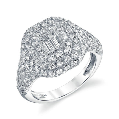 Diamond ring with a central gemstone on a white background. Yellow gold pavé moissanite signet ring with baguette-cut centre stone – Gems of Elah