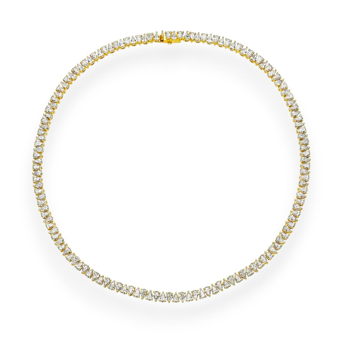 Gold necklace with diamonds on a white background. Elegant pear cut moissanite tennis necklace in 18K yellow gold. High-clarity, colourless stones for timeless sparkle.