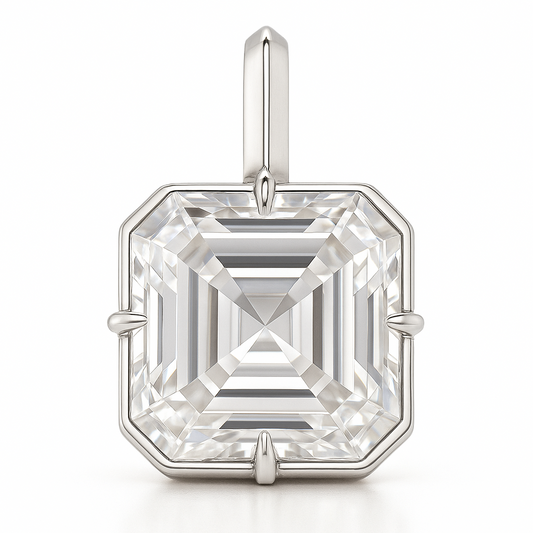 Asscher-cut diamond pendant on a white background
