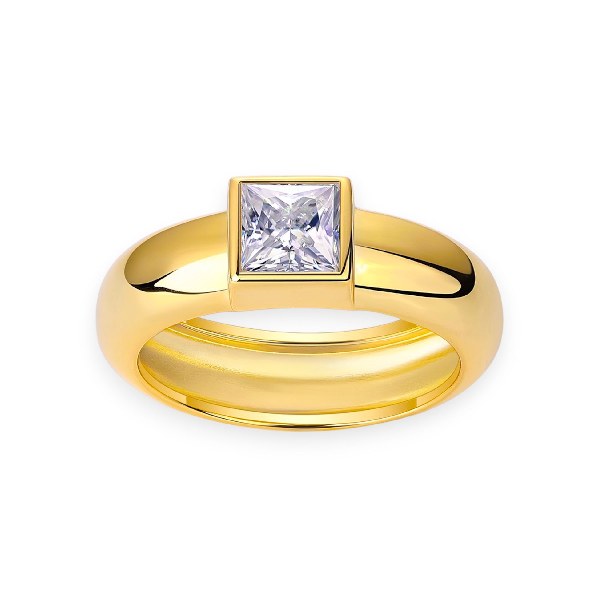 Princess-cut moissanite wide band ring for women in gold bezel setting | Moissanite jewellery Sydney | Ethical modern rings Australia
