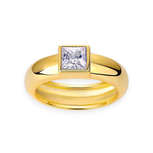 Princess-cut moissanite wide band ring for women in gold bezel setting | Moissanite jewellery Sydney | Ethical modern rings Australia