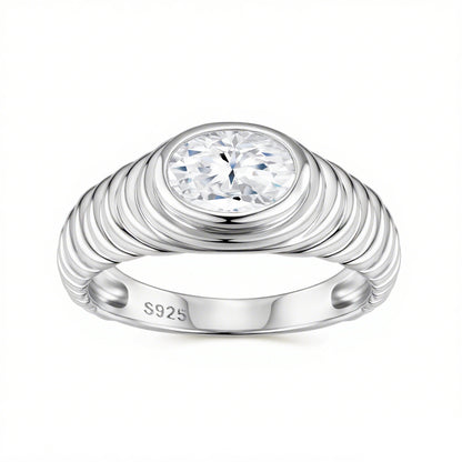 Chunky ribbed dome ring in gold with round bezel moissanite centre. Moissanite jewellery Sydney. Diamond alternative rings Australia